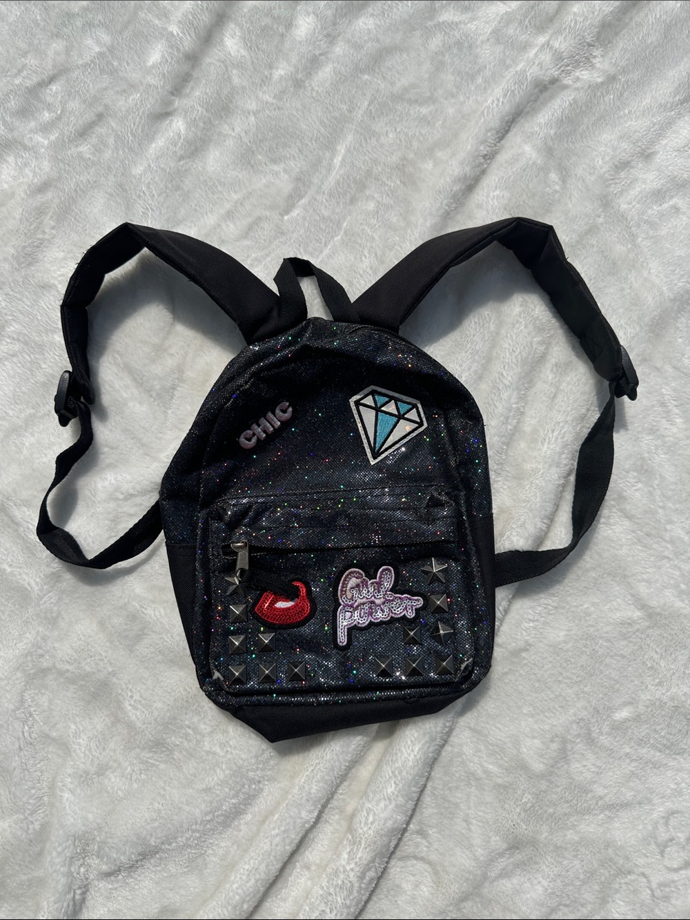 CHILDRENS PLACE Kids Small Black Glitter Mini Backpack with Patches 9x11” School